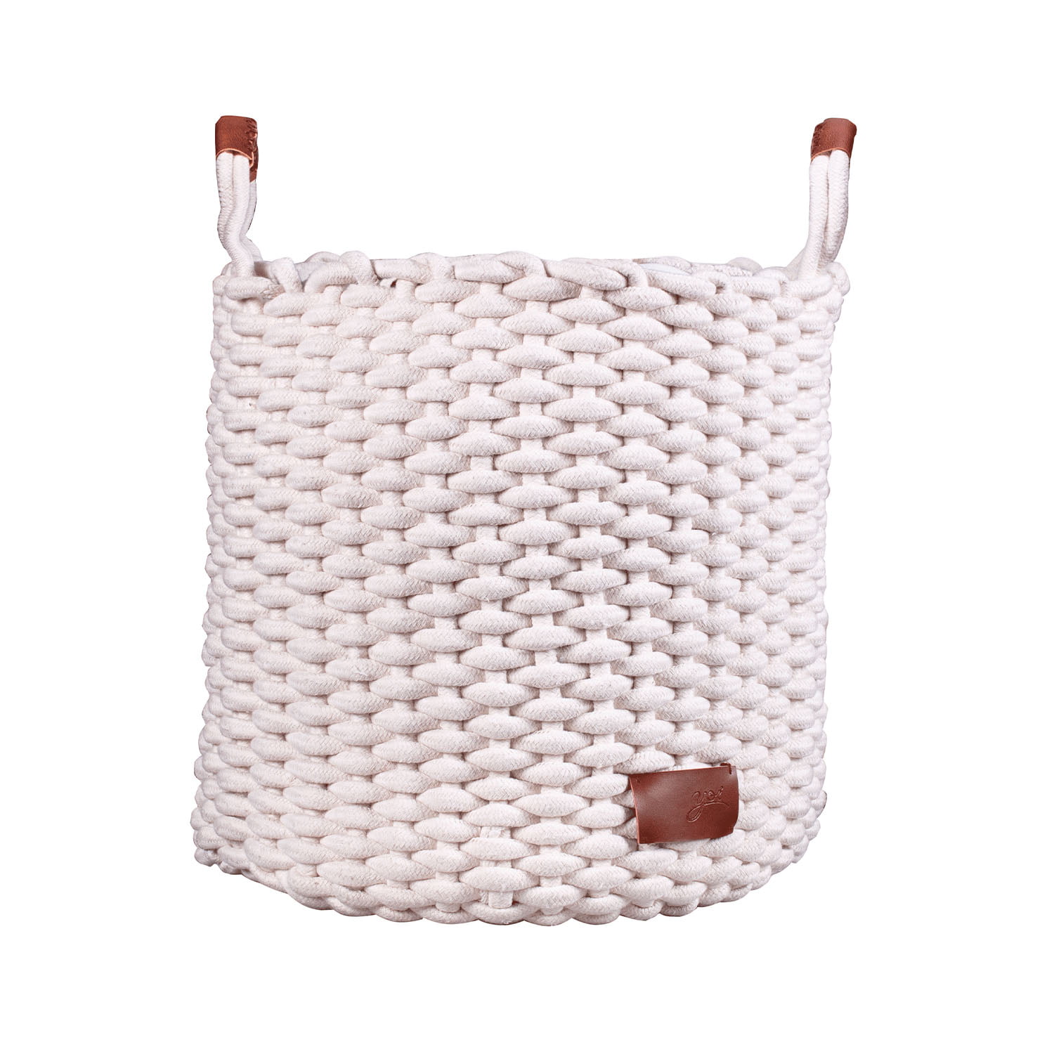 Cesto De Corda Algodão Branco com Alça Couro 38x38cm -YOI Cesto De Corda Algodão Branco com Alça Couro 38x38cm -YOI