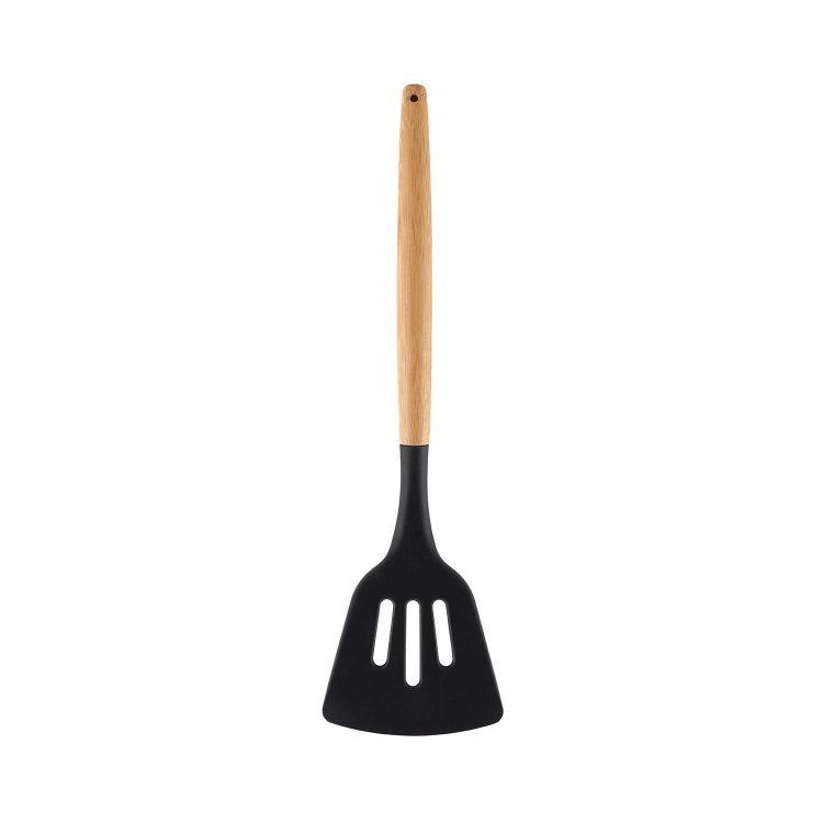 Espátula Vazada Bambu com Silicone Preto - YOI