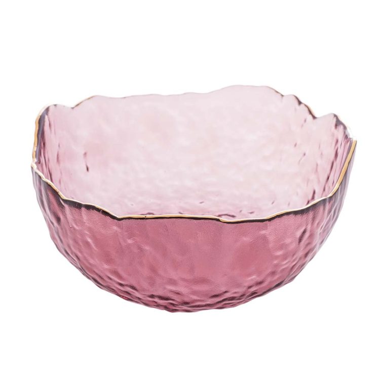Bowl de Cristal de Chumbo Martelado com Borda Dourada Rosa Taj 16,5x8cm