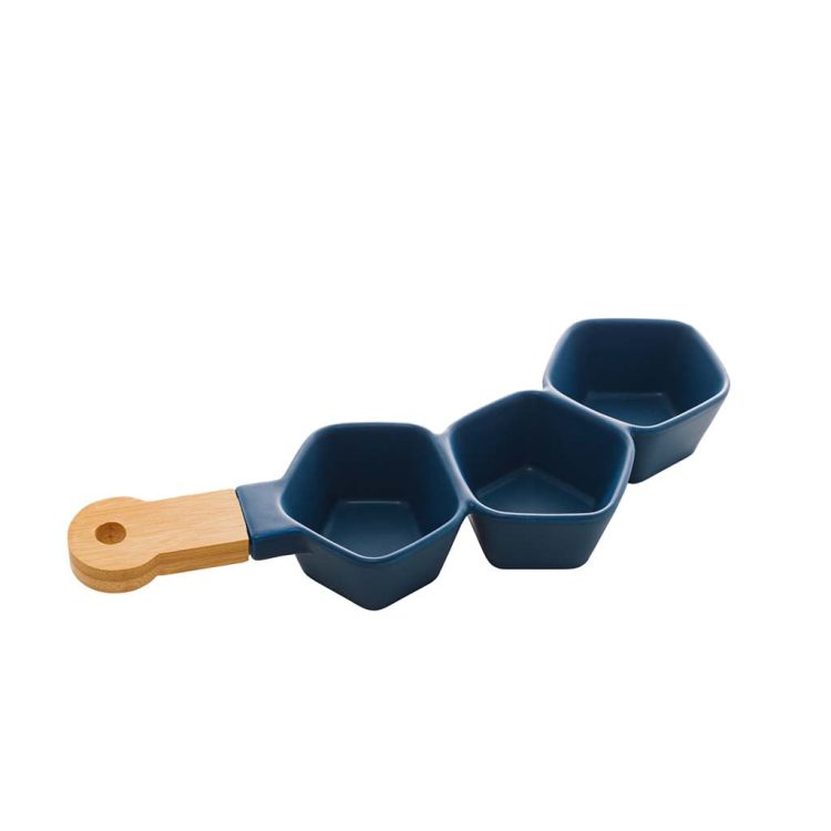 Petisqueira Porcelana com Cabo Bambu Azul Matt 36x13x5cm