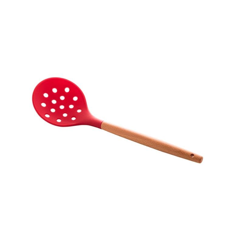 Escumadeira de Silicone com Cabo de Bambu Charmy Vermelho 31,5cm