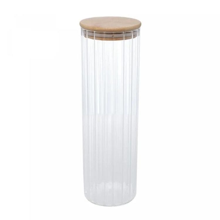 Pote de Vidro Canelado Com Tampa de Bambu 1,3L